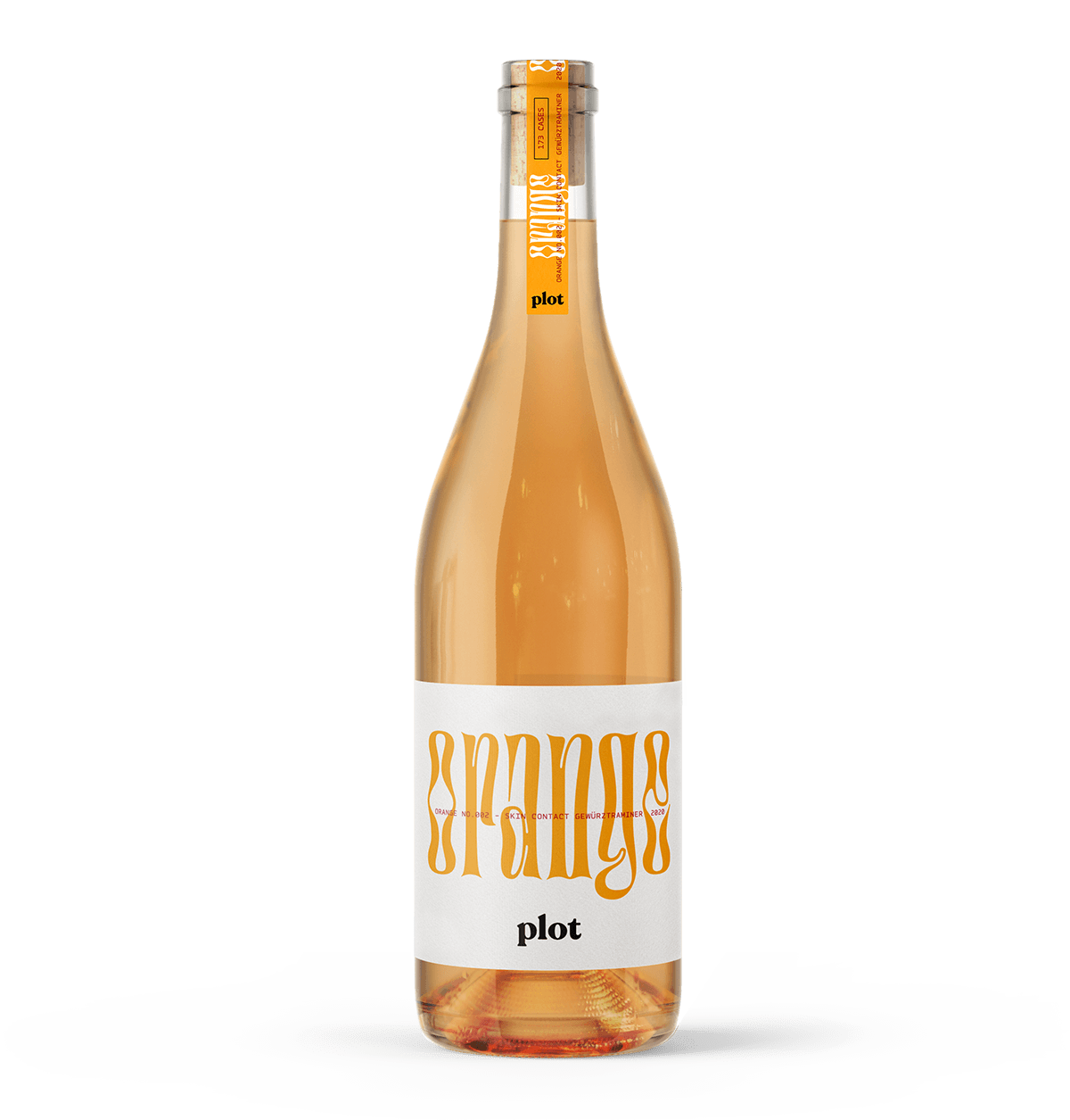 A bottle of orange wine skin contact Gewurztraminer by Plot Wines